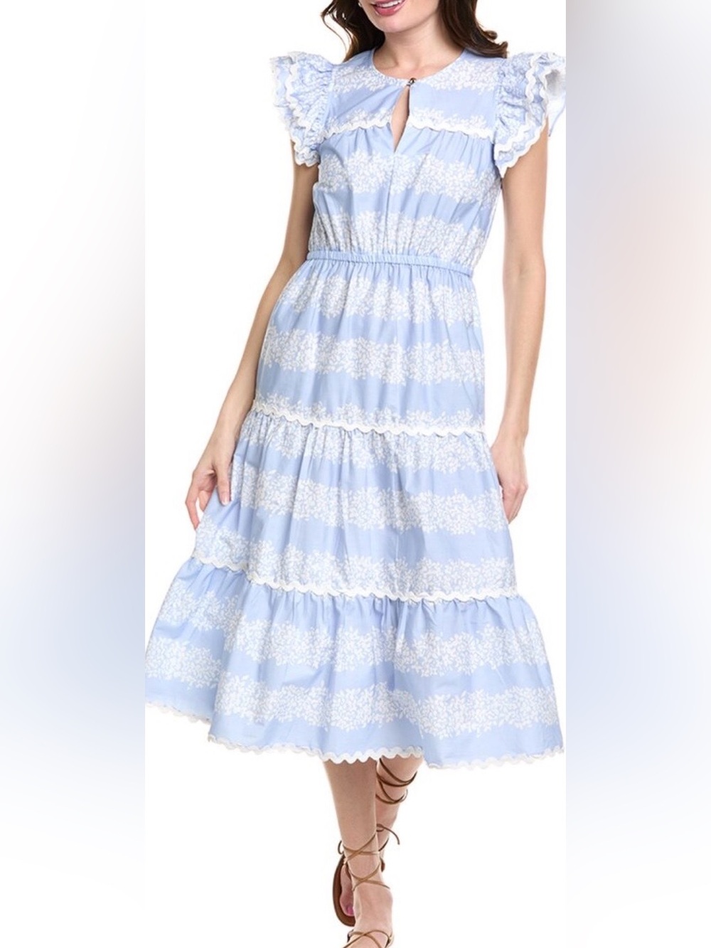 Sail To Sable Tiered Hydrangea Maxi Dress Blue White Size Medium Flutter Sleeve